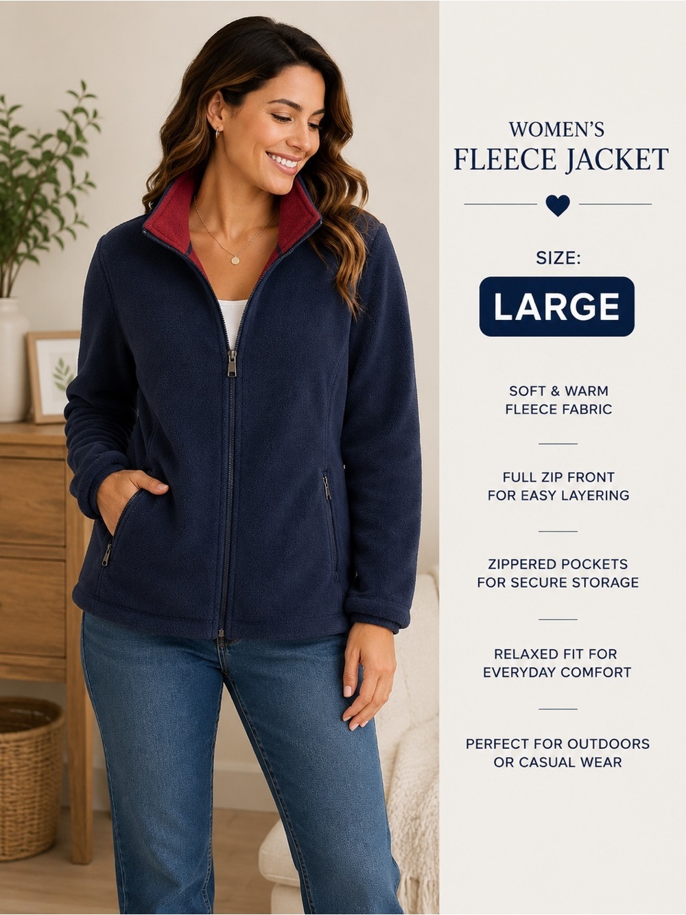Rebecca Malone Navy Fleece Zip-Up Jacket with Red Lining LARGE